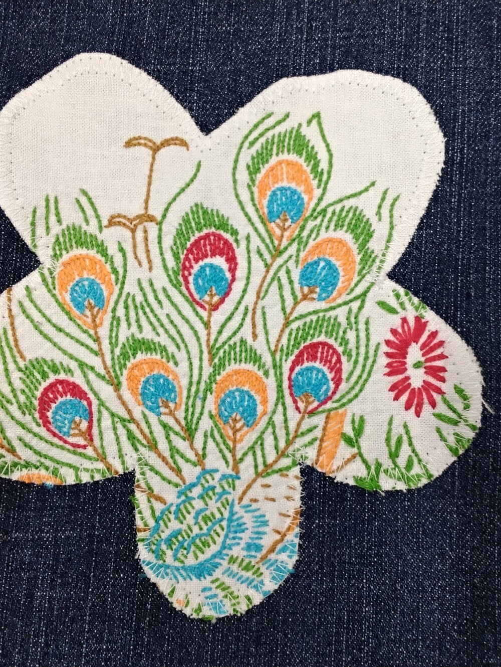 4018 Size 18 Upcycled Dreamers Old Navy Denim Flare Bells w White Floral Panels - Picture 2 of 6